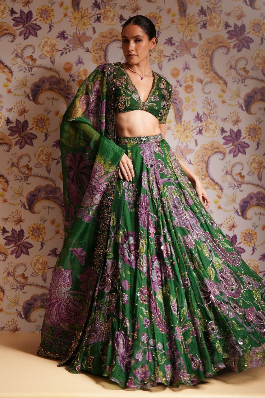 Green Taby Silk Lehenga with Mirror, Embroidery & Sequin Work