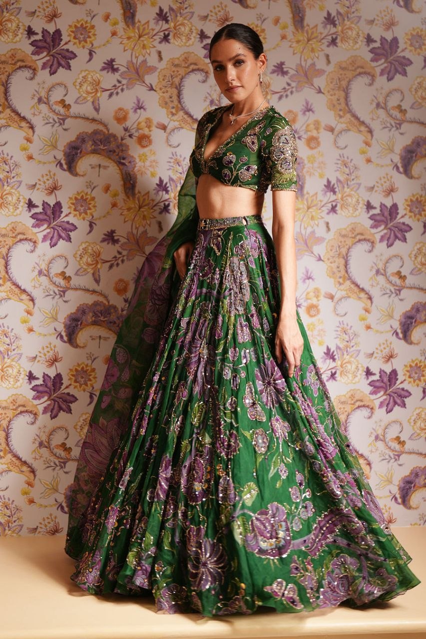Green Taby Silk Lehenga with Mirror, Embroidery & Sequin Work