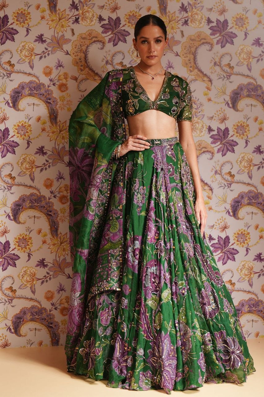 Green Taby Silk Lehenga with Mirror, Embroidery & Sequin Work
