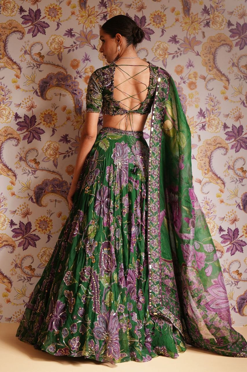 Green Taby Silk Lehenga with Mirror, Embroidery & Sequin Work