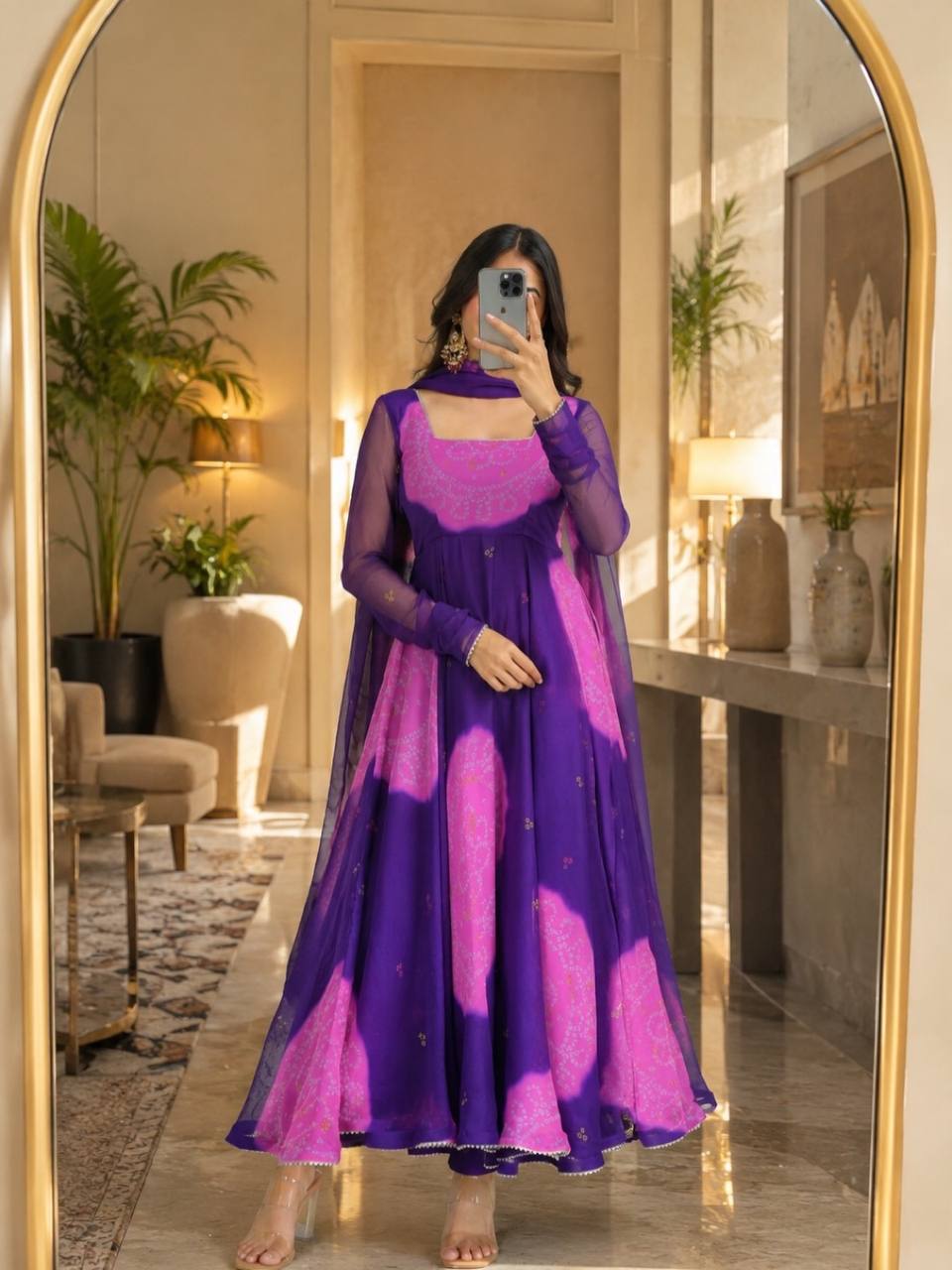 Royal Purple & Orange Faux Georgette Digital Print Anarkali Suit Set
