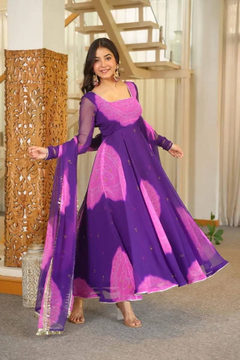 Royal Purple & Orange Faux Georgette Digital Print Anarkali Suit Set