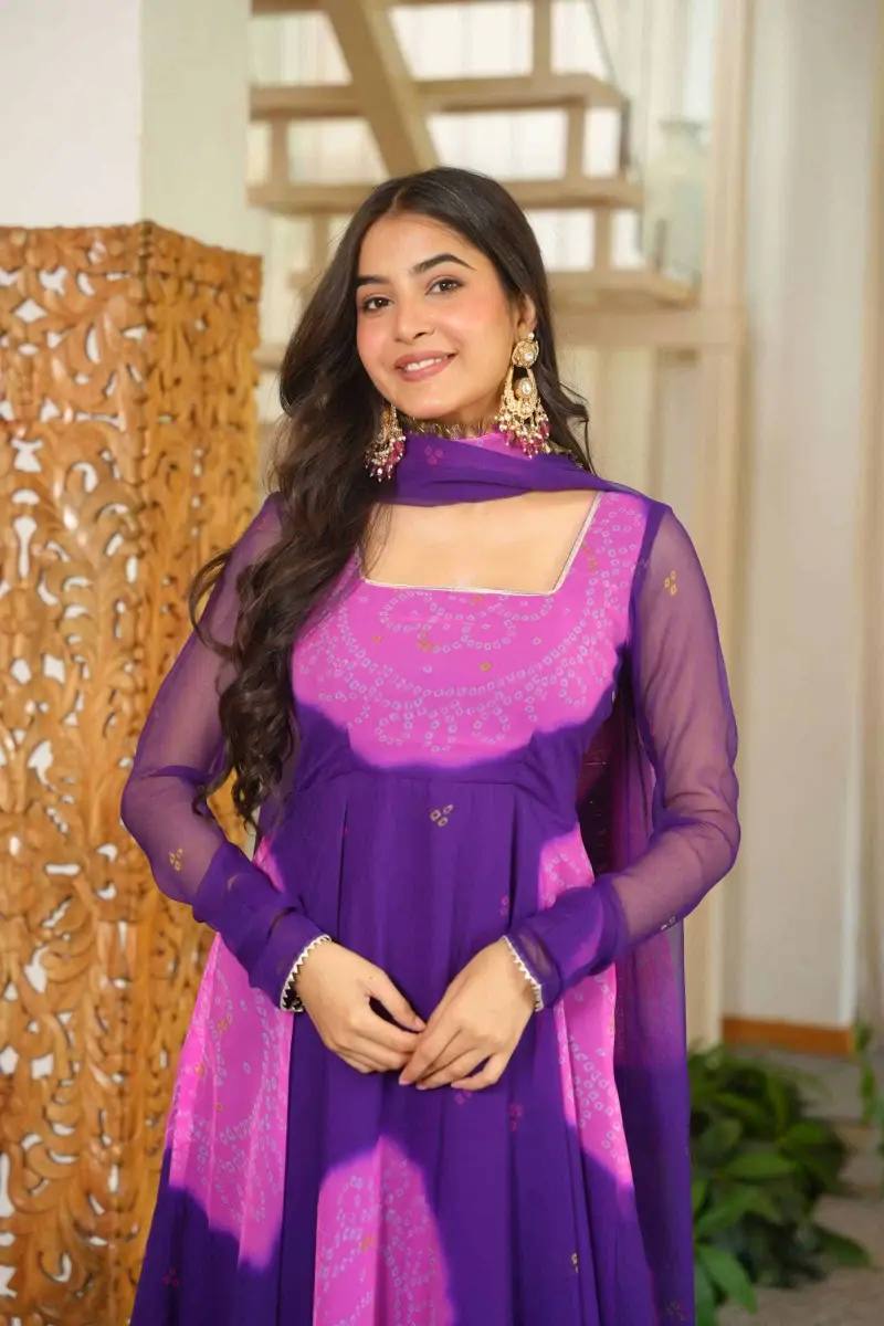 Royal Purple & Orange Faux Georgette Digital Print Anarkali Suit Set