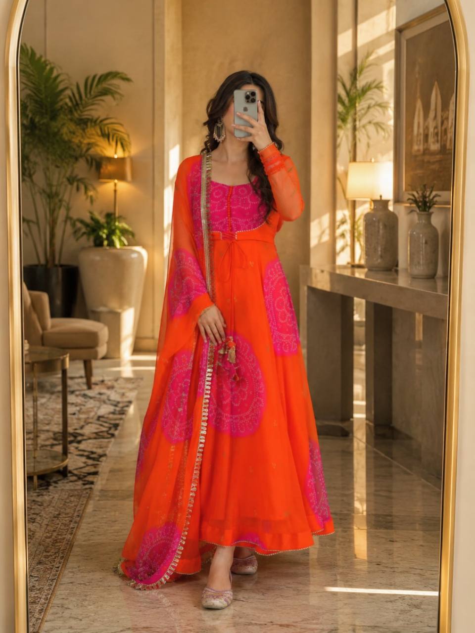 Royal Purple & Orange Faux Georgette Digital Print Anarkali Suit Set
