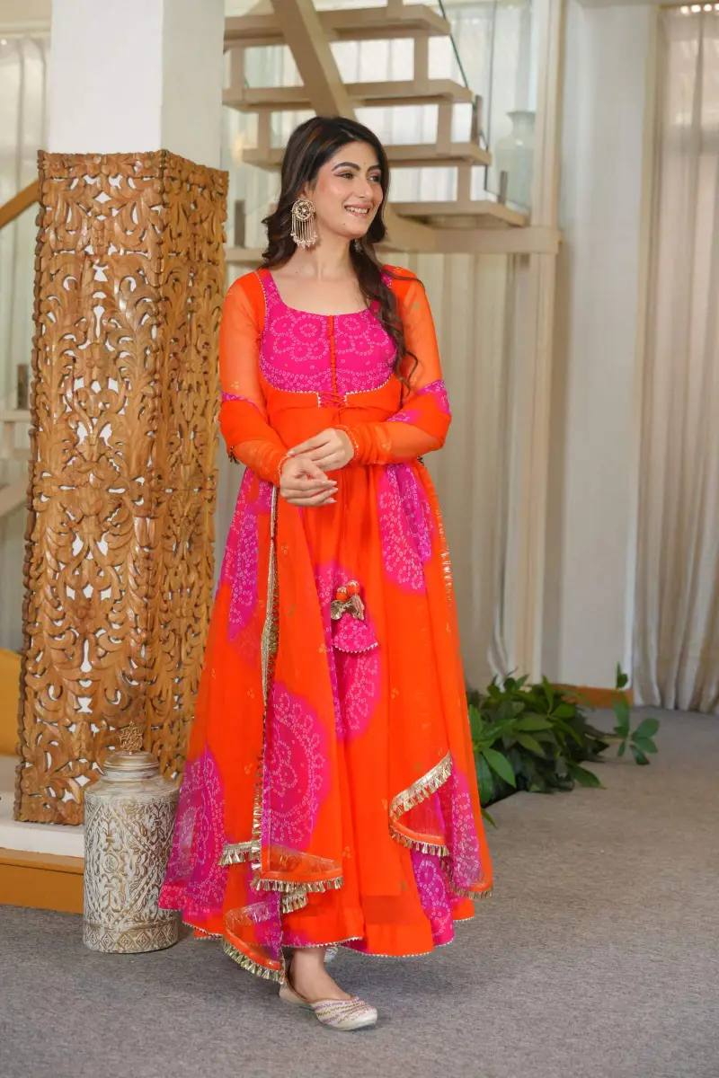 Royal Purple & Orange Faux Georgette Digital Print Anarkali Suit Set