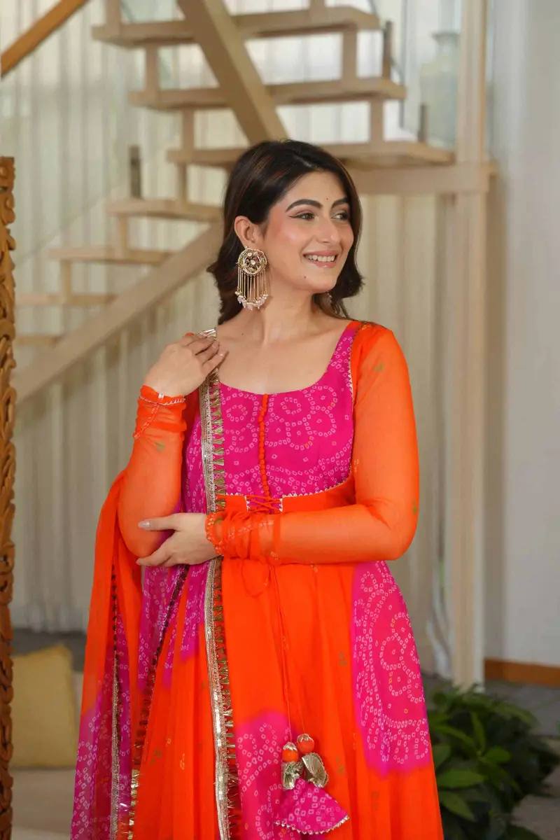 Royal Purple & Orange Faux Georgette Digital Print Anarkali Suit Set