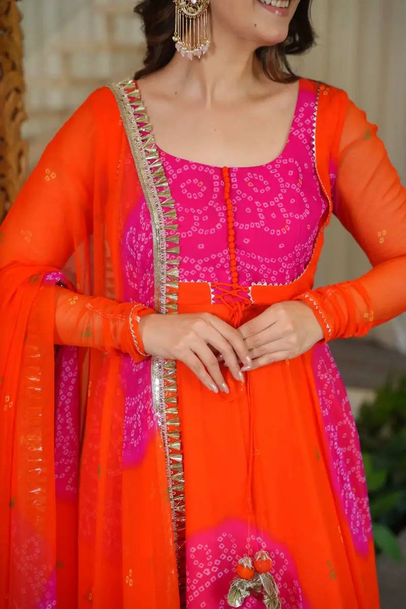 Royal Purple & Orange Faux Georgette Digital Print Anarkali Suit Set