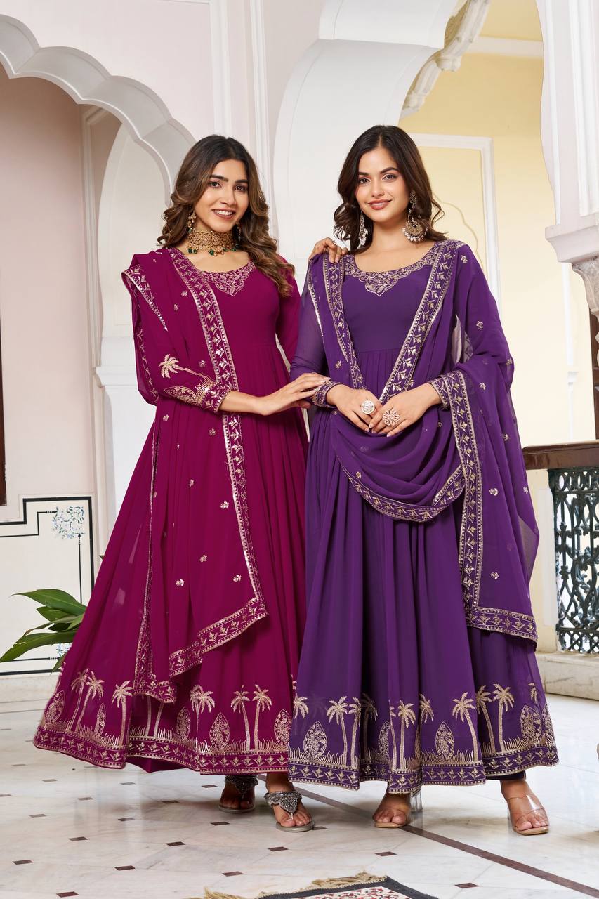 Designer Faux Georgette Embroidered Gown With Pant & Dupatta