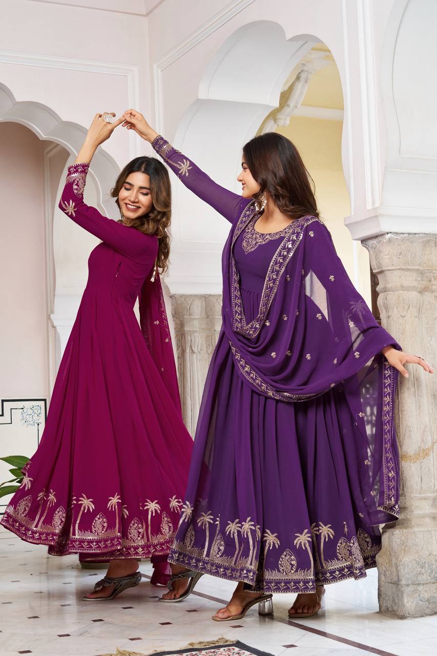 Designer Faux Georgette Embroidered Gown With Pant & Dupatta