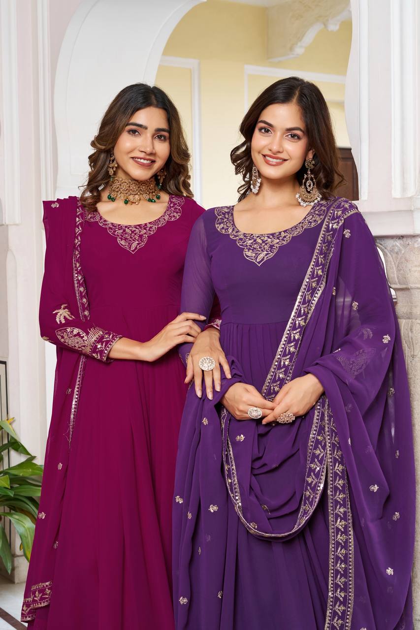 Designer Faux Georgette Embroidered Gown With Pant & Dupatta