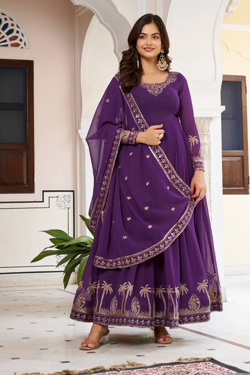 Designer Faux Georgette Embroidered Gown With Pant & Dupatta