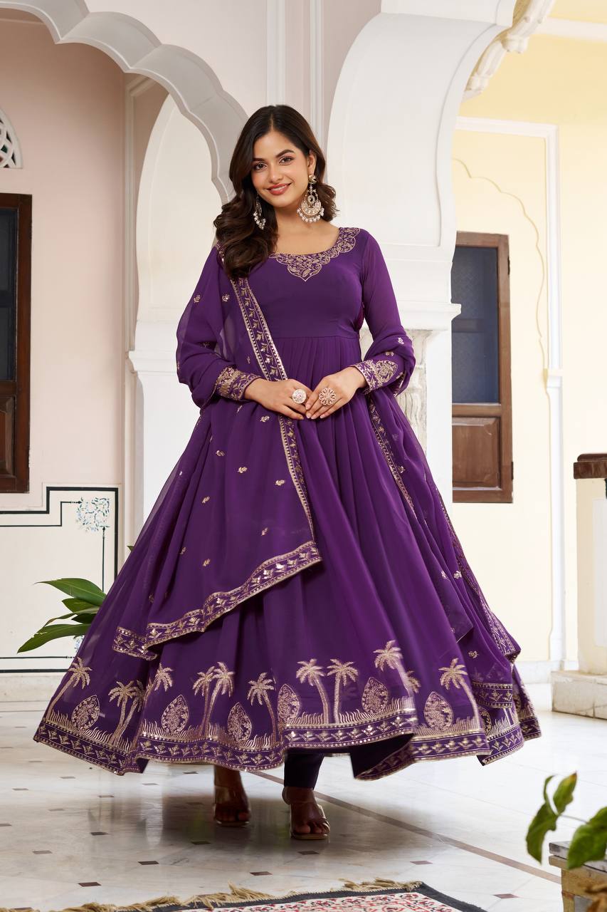 Designer Faux Georgette Embroidered Gown With Pant & Dupatta