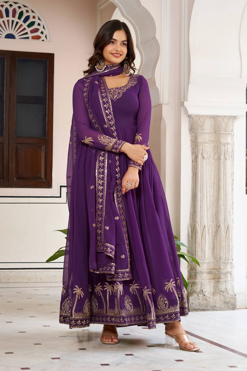 Designer Faux Georgette Embroidered Gown With Pant & Dupatta
