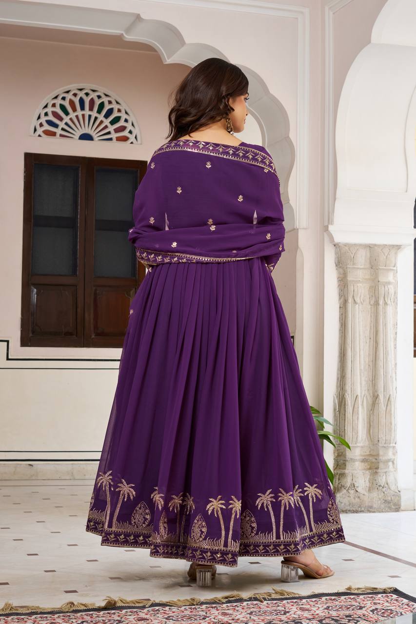 Designer Faux Georgette Embroidered Gown With Pant & Dupatta