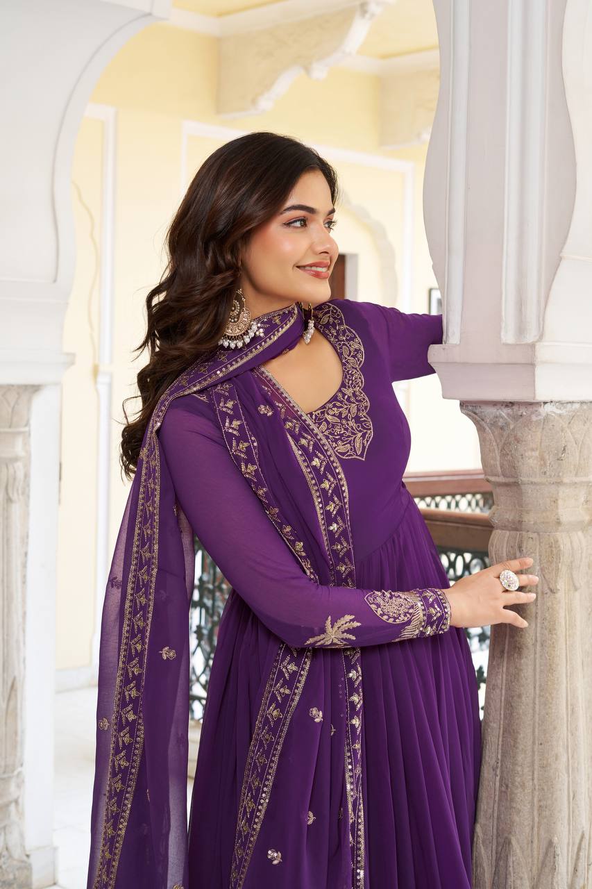 Designer Faux Georgette Embroidered Gown With Pant & Dupatta