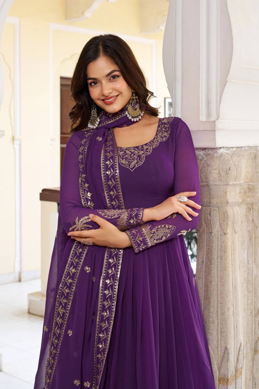 Designer Faux Georgette Embroidered Gown With Pant & Dupatta