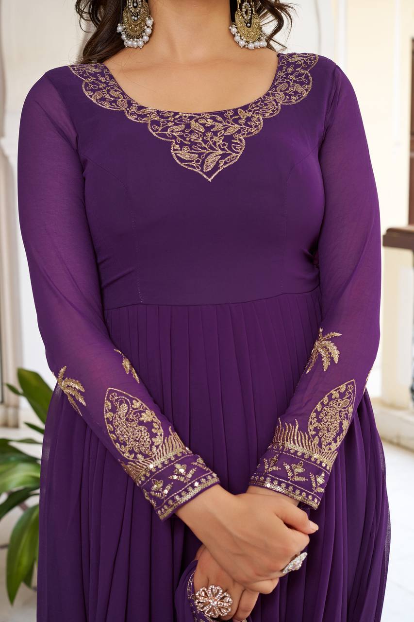 Designer Faux Georgette Embroidered Gown With Pant & Dupatta