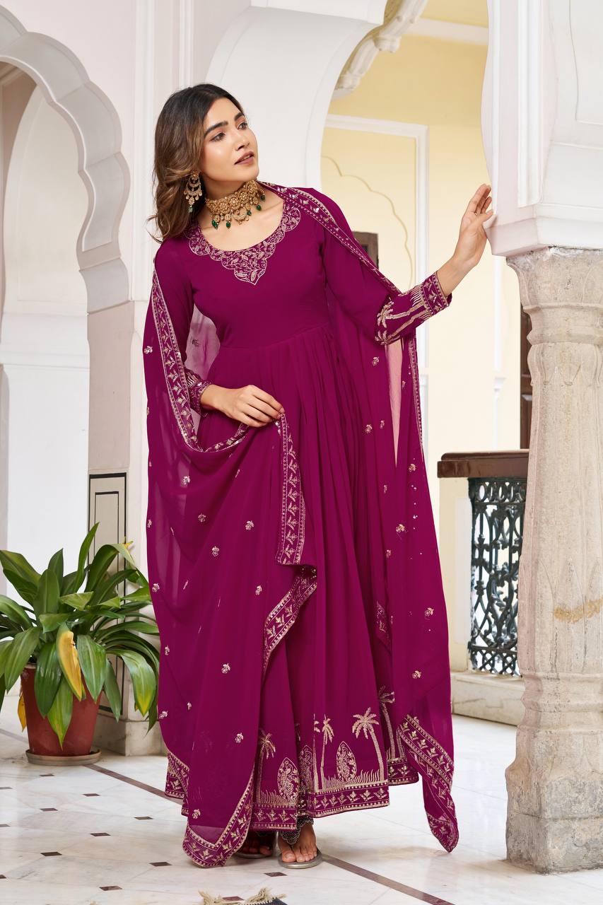 Designer Faux Georgette Embroidered Gown With Pant & Dupatta