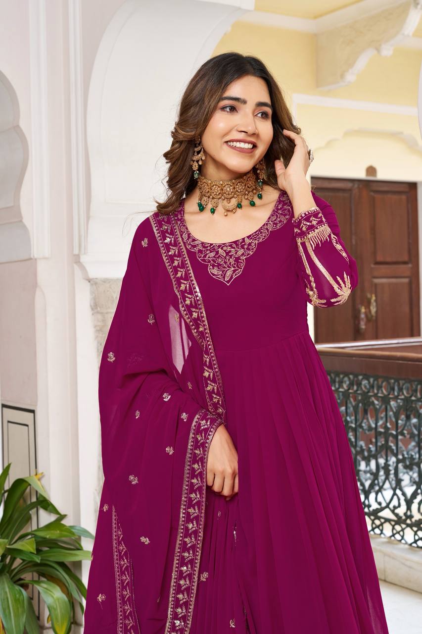 Designer Faux Georgette Embroidered Gown With Pant & Dupatta