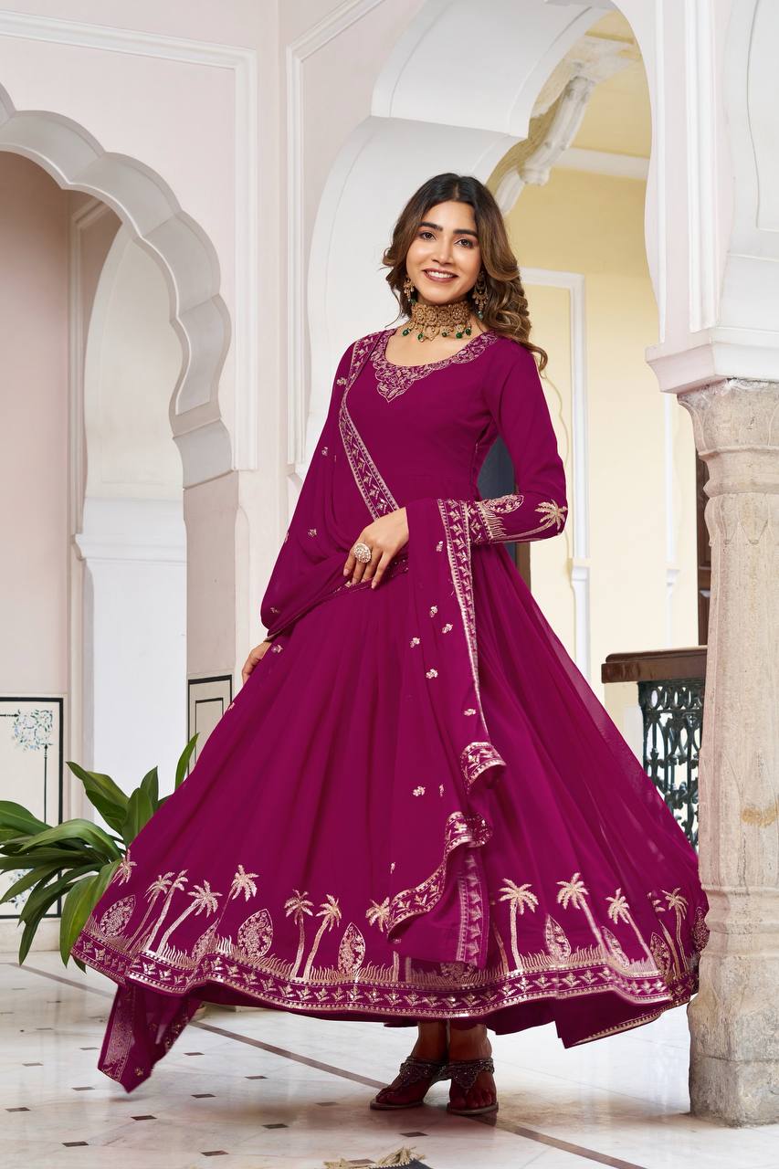 Designer Faux Georgette Embroidered Gown With Pant & Dupatta