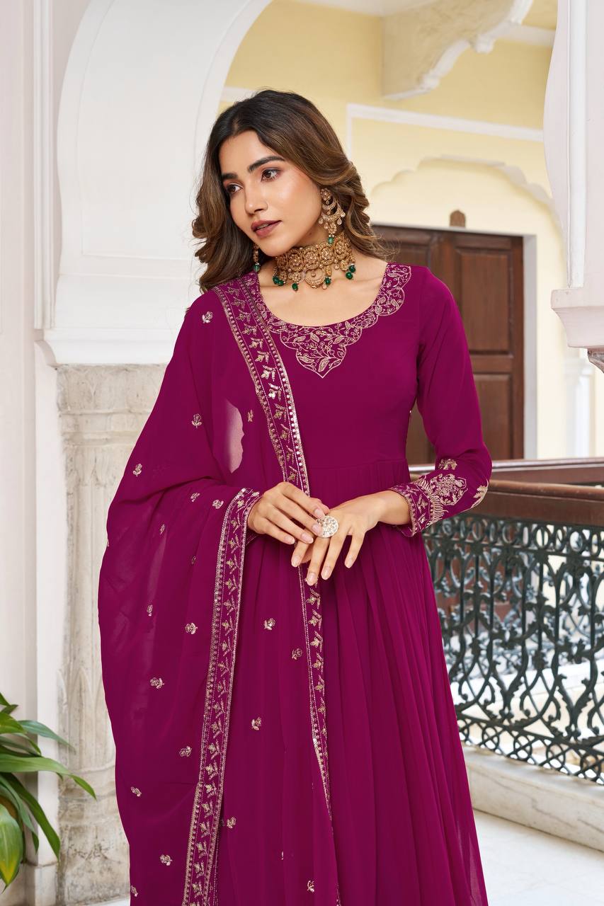 Designer Faux Georgette Embroidered Gown With Pant & Dupatta