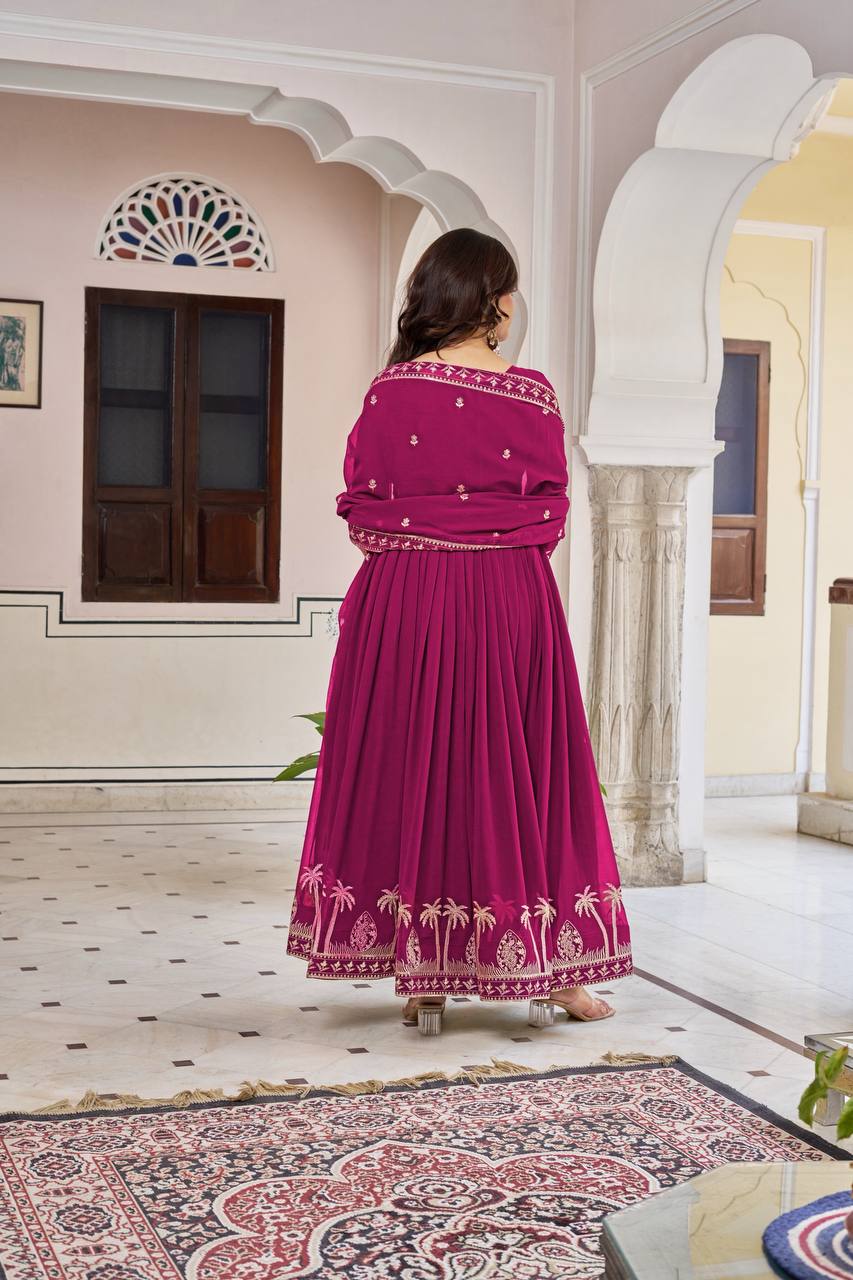 Designer Faux Georgette Embroidered Gown With Pant & Dupatta