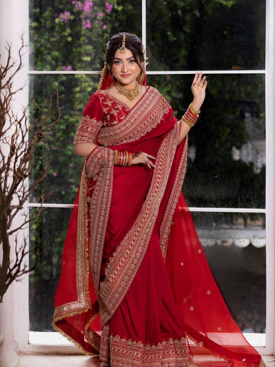 Designer Japan Satin Thread & Coding Sequin Work Saree With Dupatta
