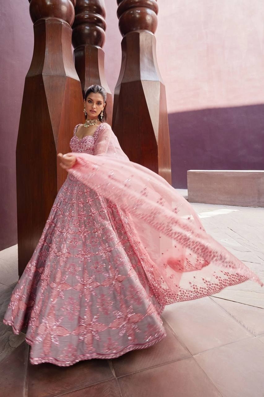 Premium Pink Embroidered Malburi Silk Bridal Lehenga with Heavy Sequin Work