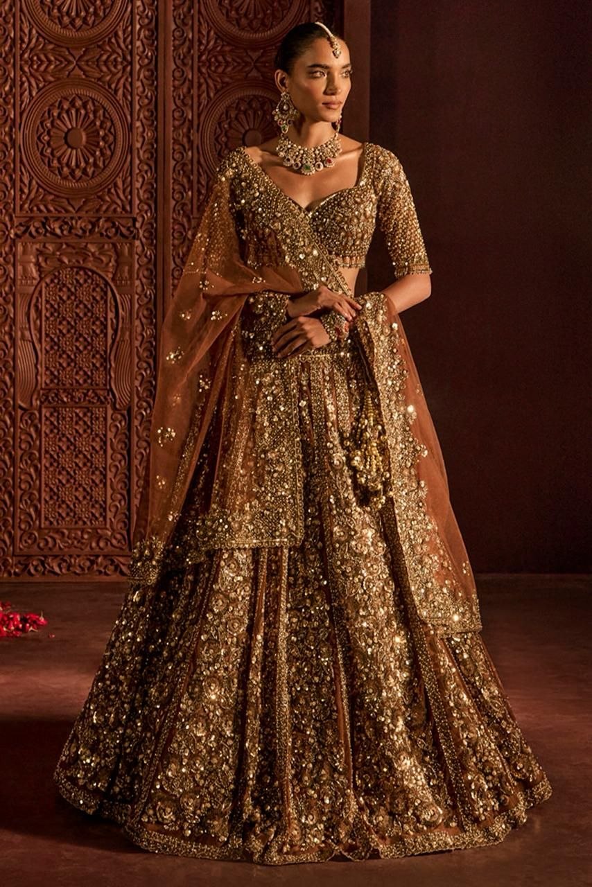 Luxury Golden Bridal Lehenga with Heavy Dori, Embroidery & Glass Sequins Work