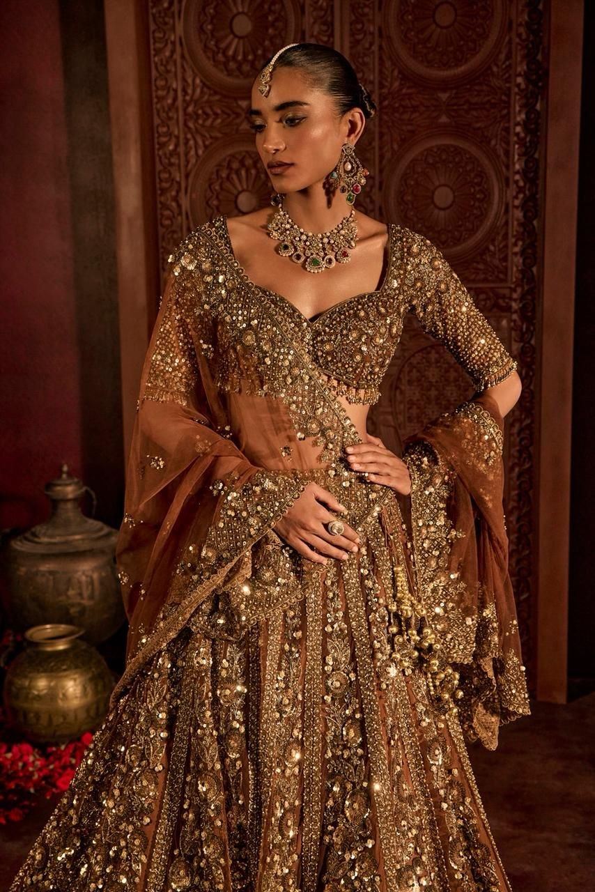 Luxury Golden Bridal Lehenga with Heavy Dori, Embroidery & Glass Sequins Work