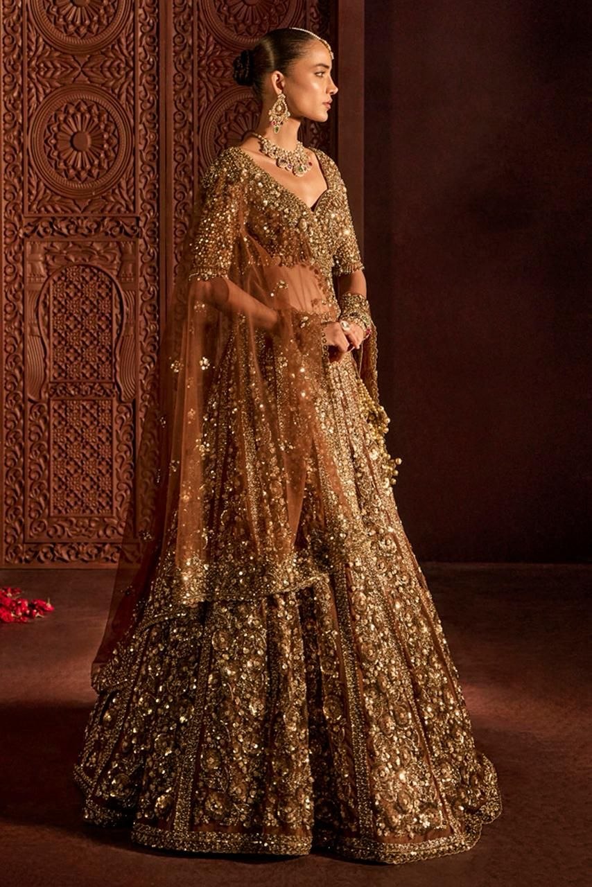 Luxury Golden Bridal Lehenga with Heavy Dori, Embroidery & Glass Sequins Work