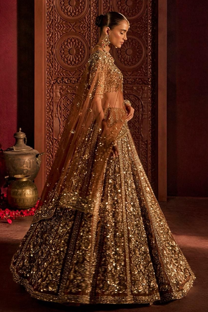 Luxury Golden Bridal Lehenga with Heavy Dori, Embroidery & Glass Sequins Work