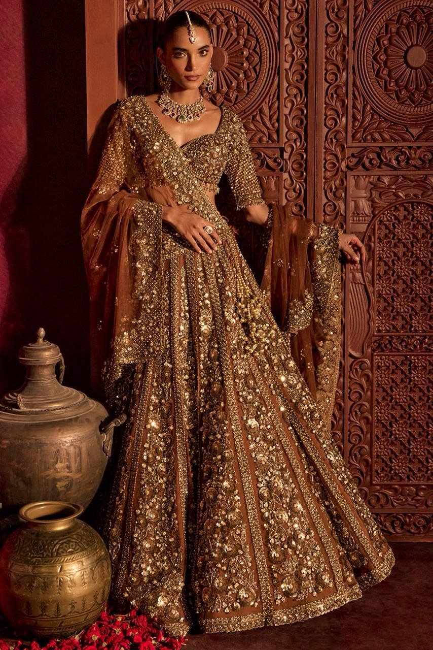 Luxury Golden Bridal Lehenga with Heavy Dori, Embroidery & Glass Sequins Work