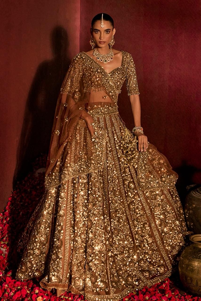 Luxury Golden Bridal Lehenga with Heavy Dori, Embroidery & Glass Sequins Work