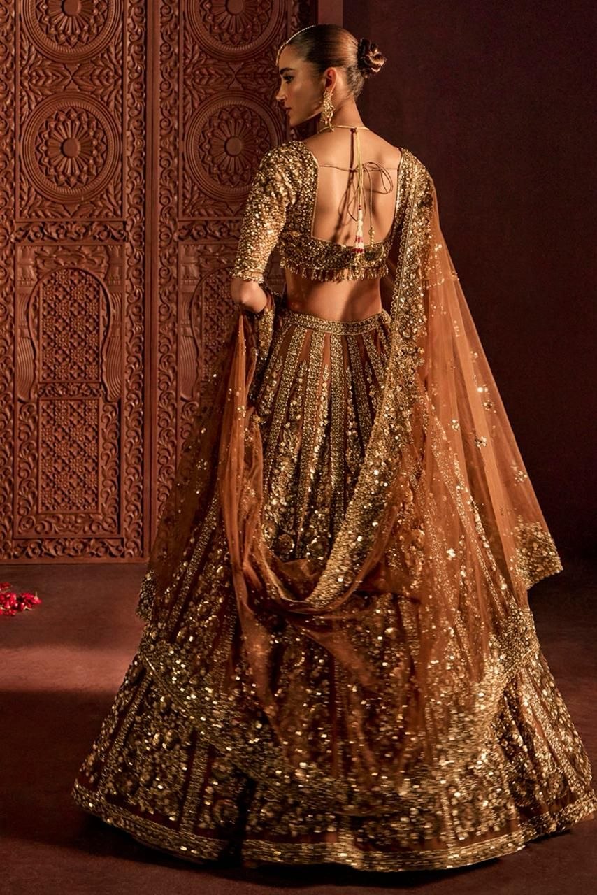 Luxury Golden Bridal Lehenga with Heavy Dori, Embroidery & Glass Sequins Work