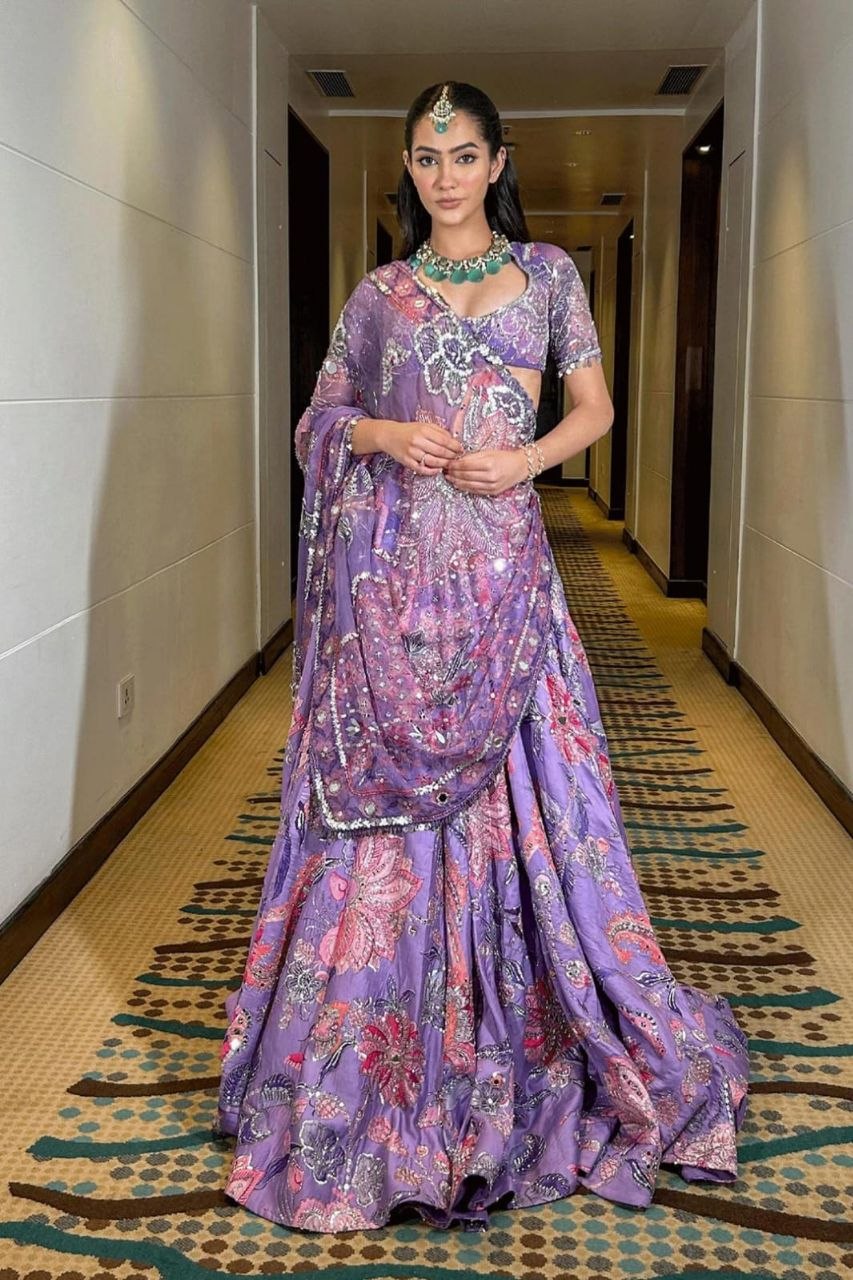 Purple Taby Silk Lehenga with Hand Mirror, Embroidery & Sequin Work