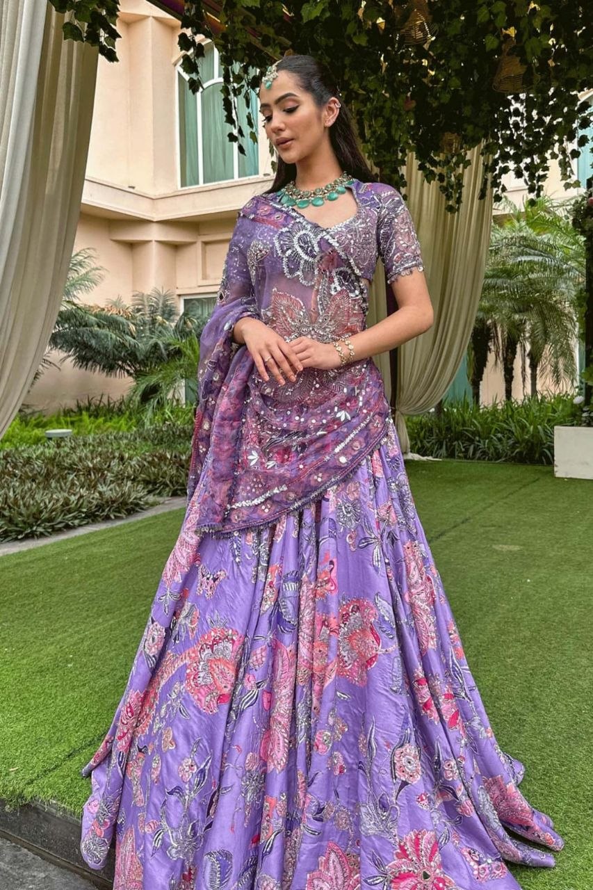 Purple Taby Silk Lehenga with Hand Mirror, Embroidery & Sequin Work