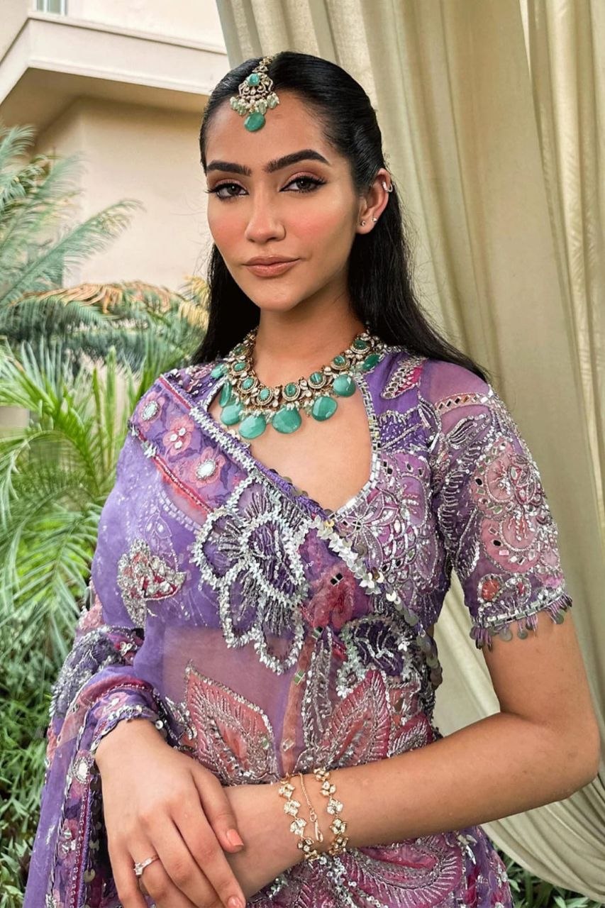 Purple Taby Silk Lehenga with Hand Mirror, Embroidery & Sequin Work