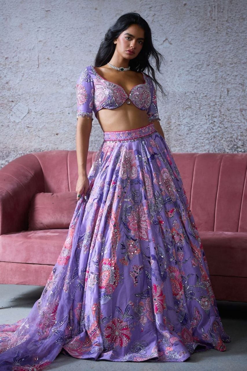 Purple Taby Silk Lehenga with Hand Mirror, Embroidery & Sequin Work
