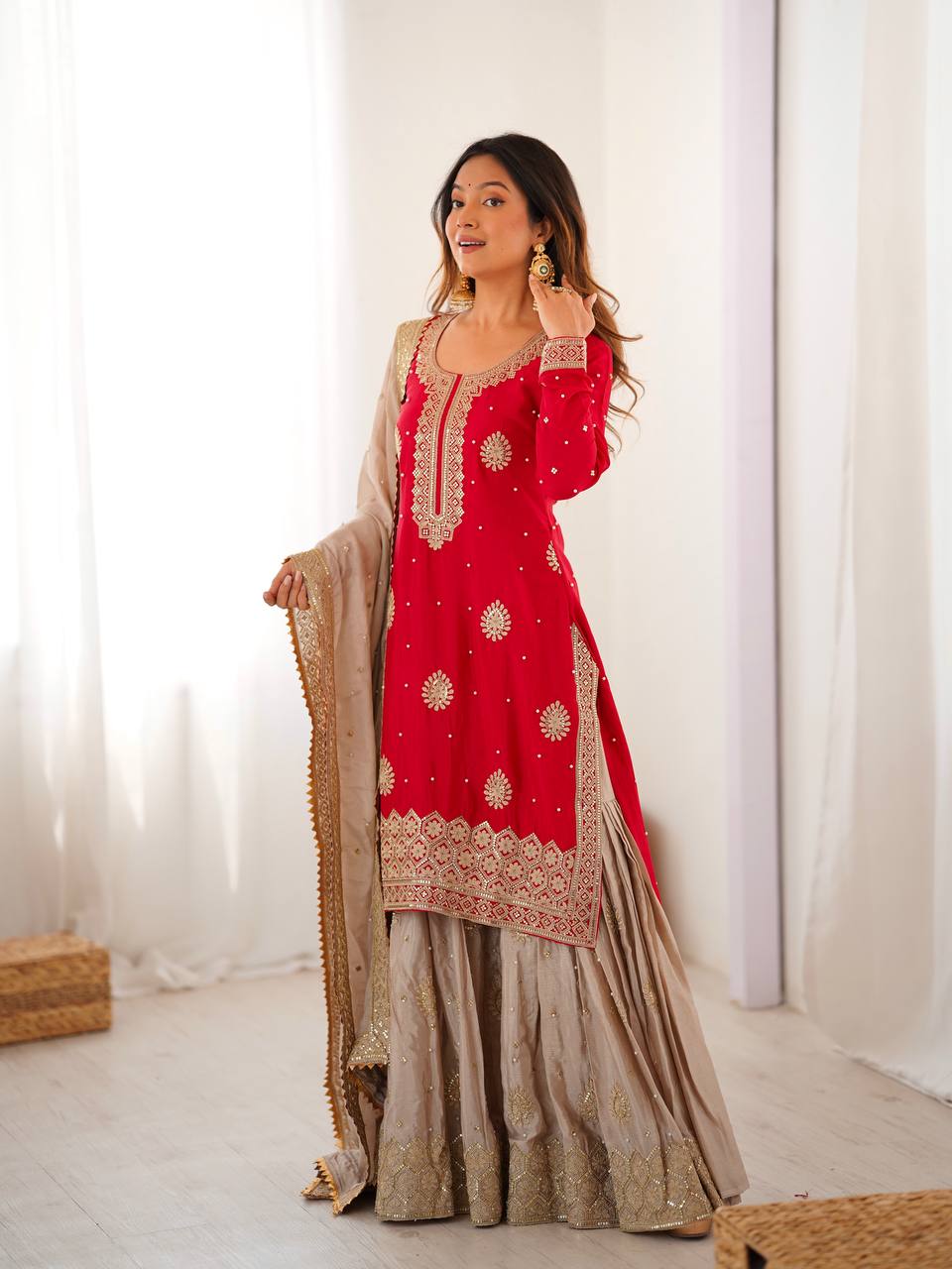Designer Chinon Silk Sharara Suit Set