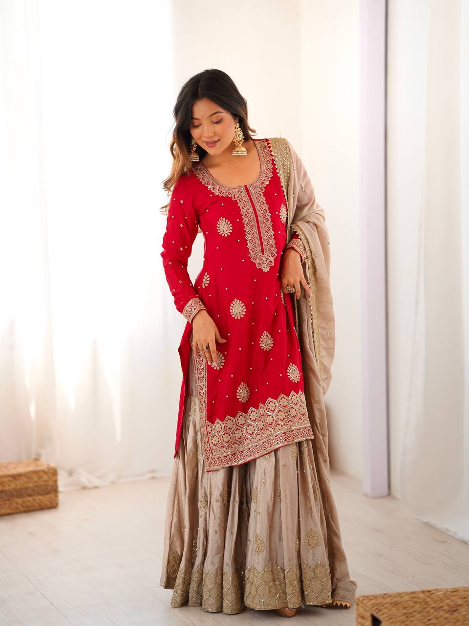 Designer Chinon Silk Sharara Suit Set