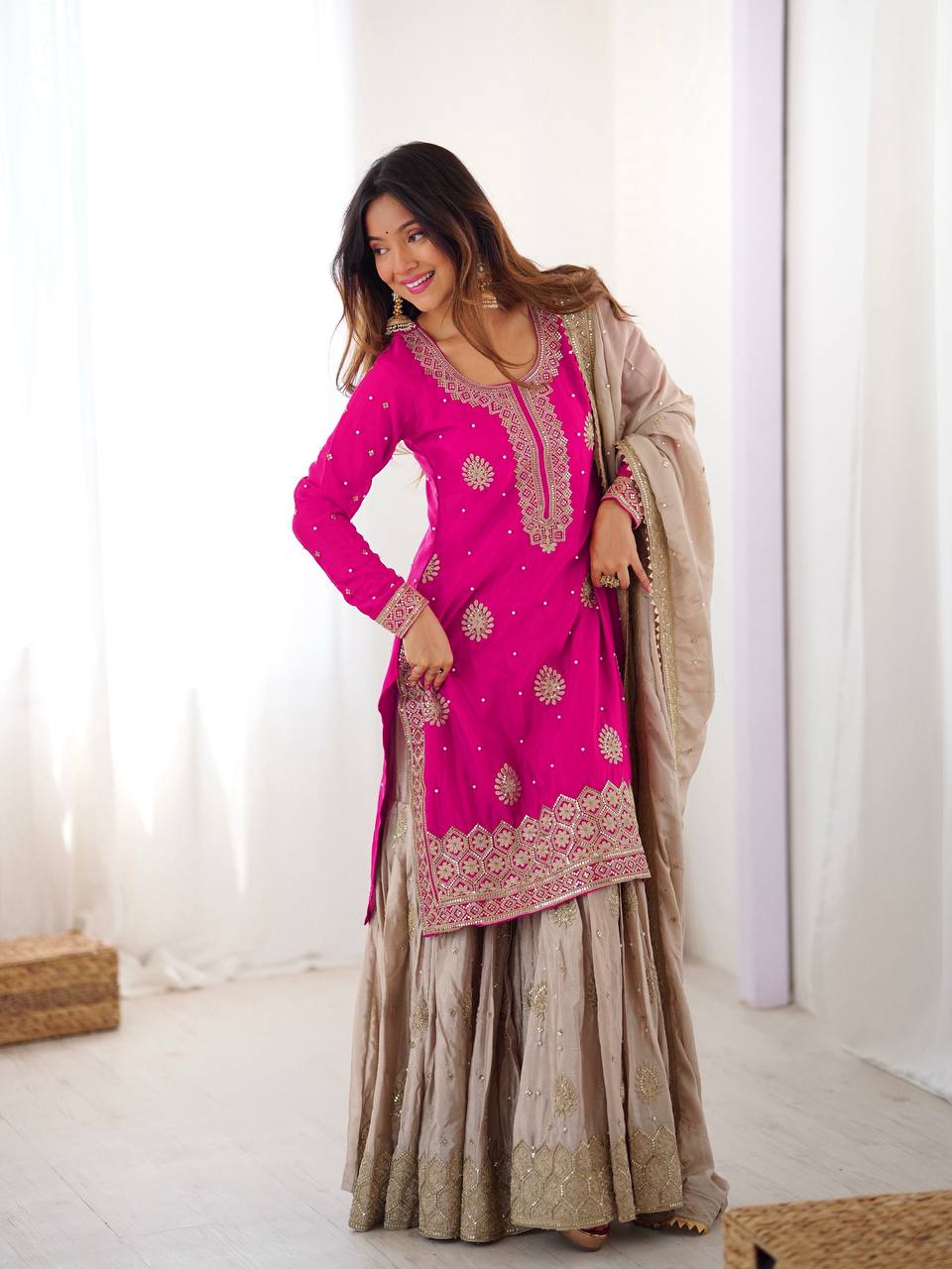 Designer Chinon Silk Sharara Suit Set