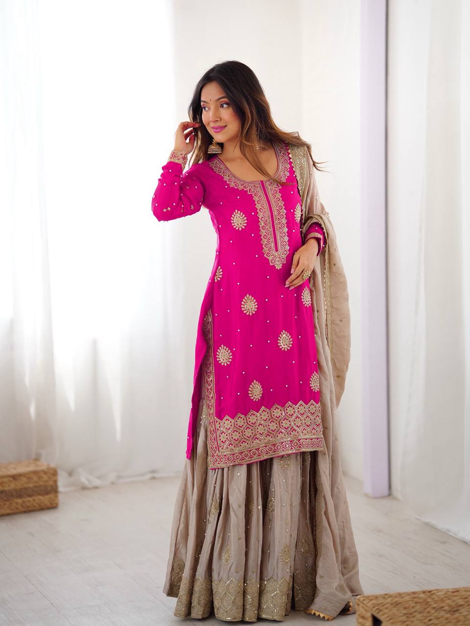 Designer Chinon Silk Sharara Suit Set