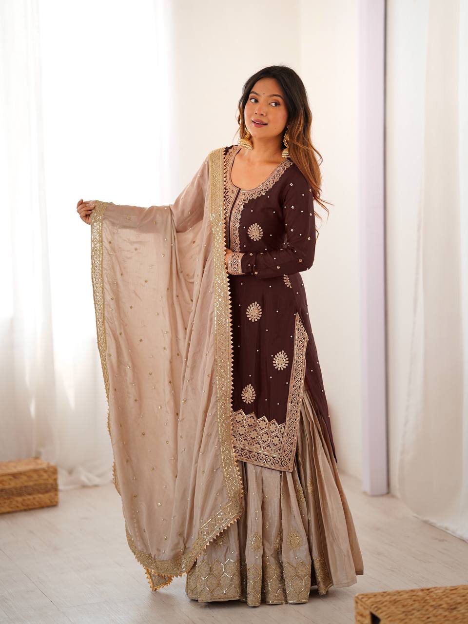 Designer Chinon Silk Sharara Suit Set