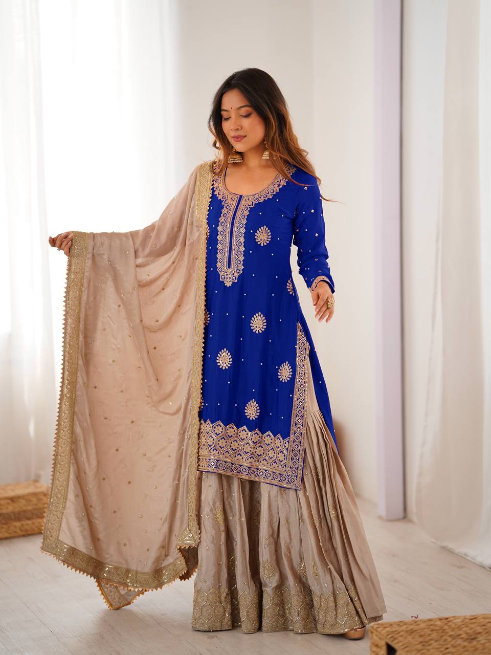 Designer Chinon Silk Sharara Suit Set