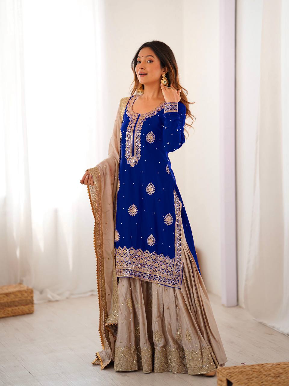 Designer Chinon Silk Sharara Suit Set