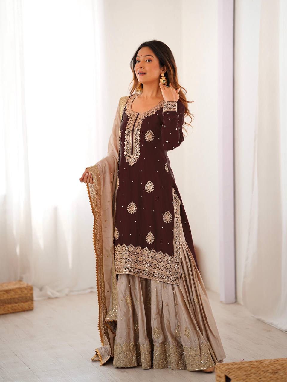 Designer Chinon Silk Sharara Suit Set