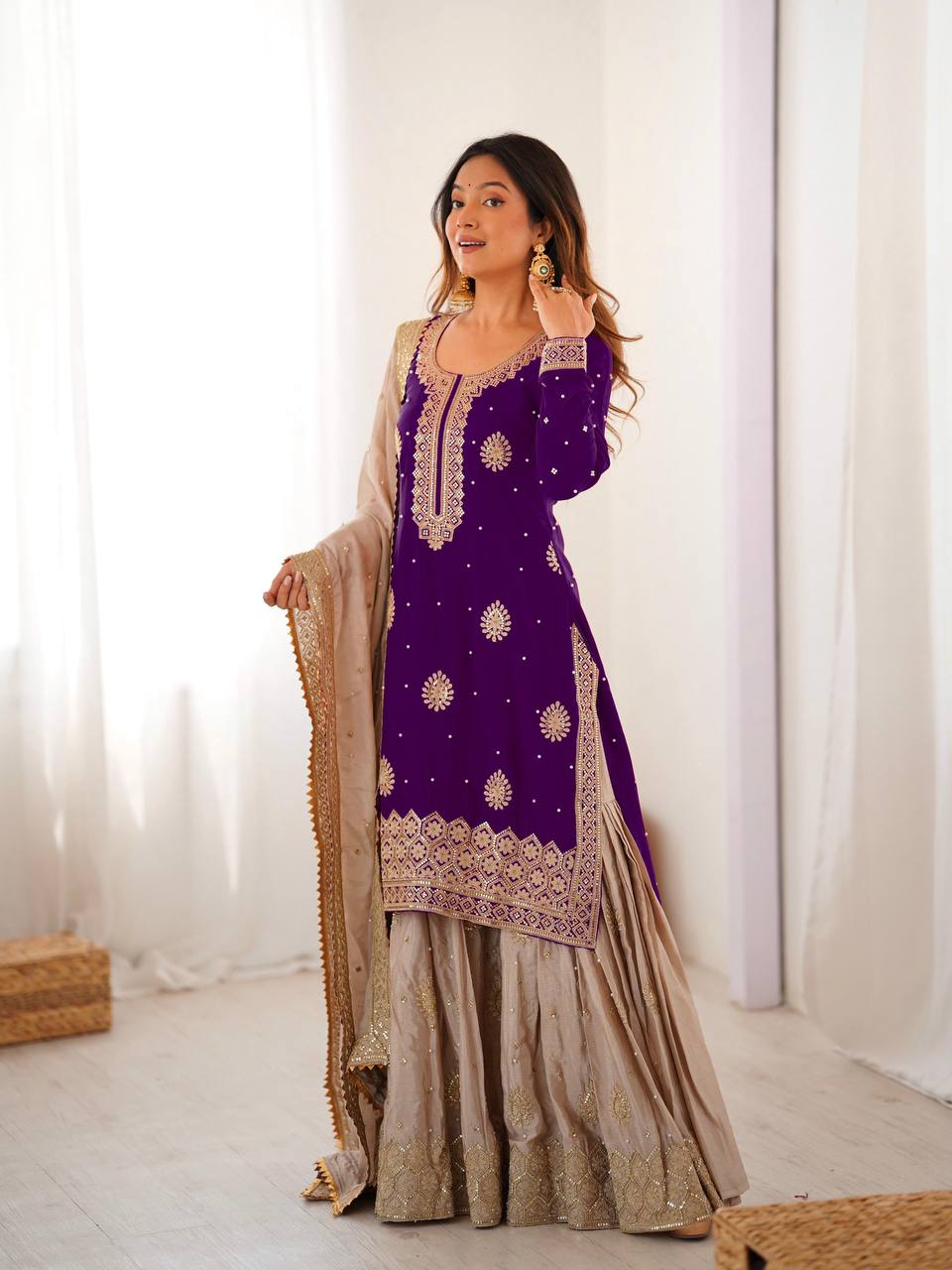 Designer Chinon Silk Sharara Suit Set