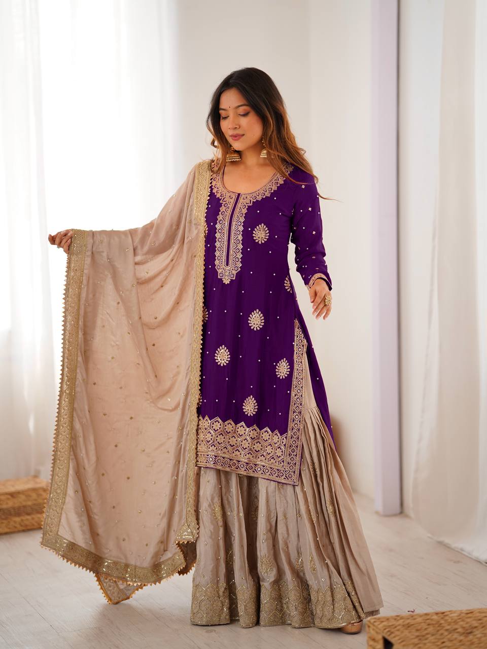 Designer Chinon Silk Sharara Suit Set