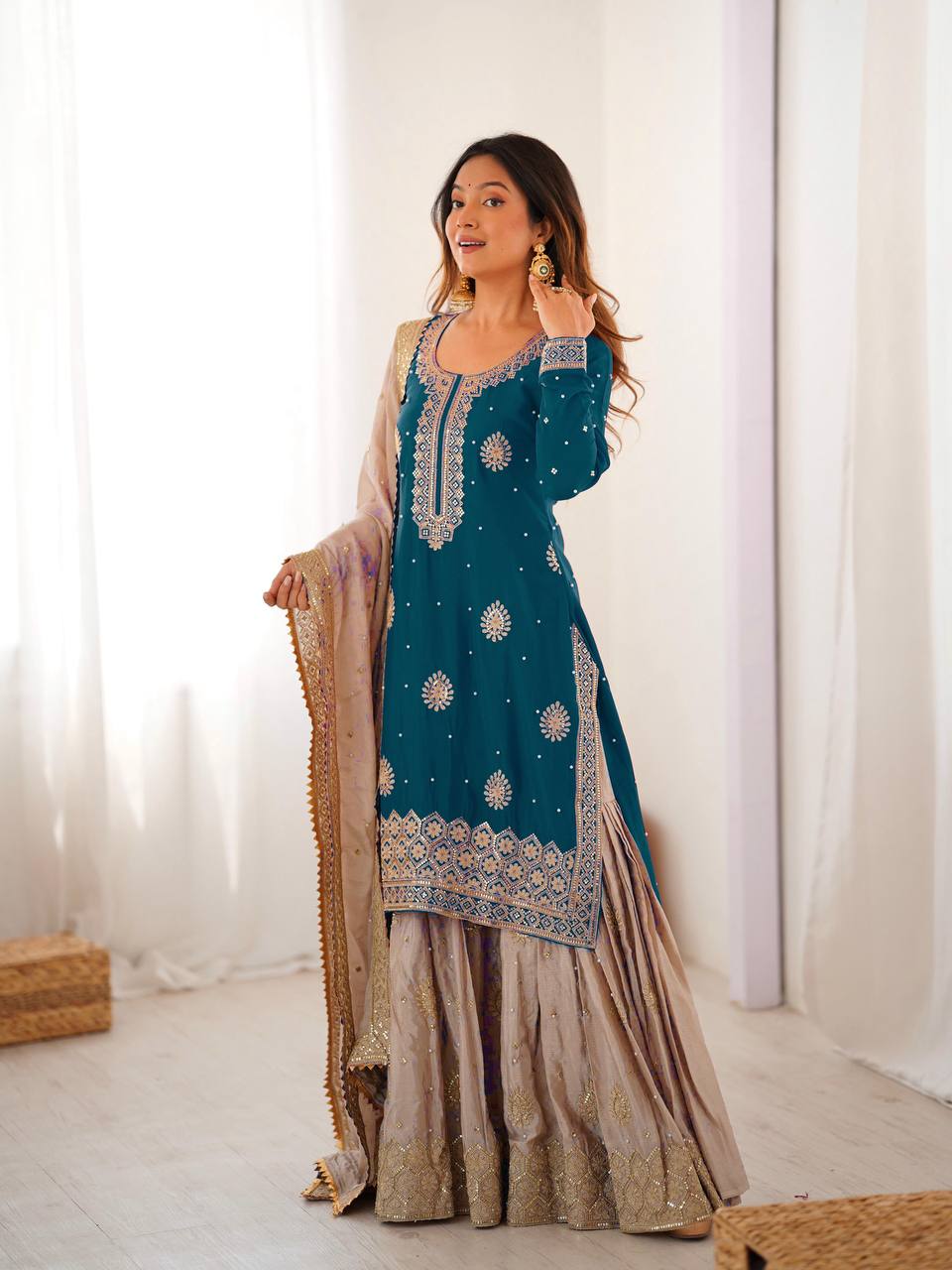 Designer Chinon Silk Sharara Suit Set